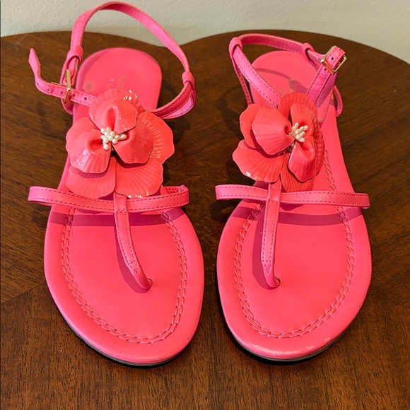 kate spade Shoes - Kate Spade  sandals bright coral/pink
Leather/patent leather flowers  size 8
EUC